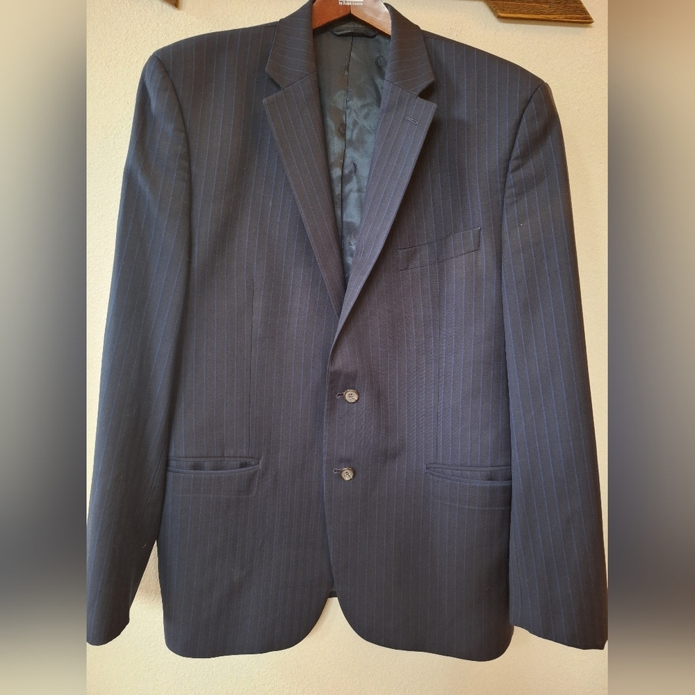 LAUREN Ralph Lauren Navy Pinstriped Sport Coat 100% Wool Stretch Mens 42Reg